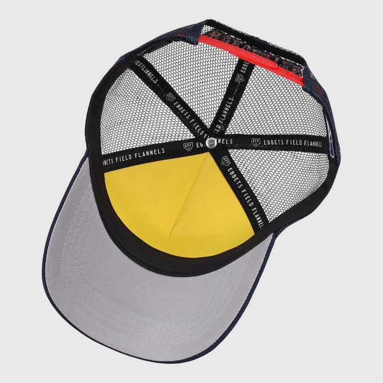 The inside of the Worcester Red Sox MiLB Trucker Ballcap by Ebbets Field shows a gray brim, yellow front panel, black mesh sides, and black internal bands labeled EBBETS FIELD FLANNELS.