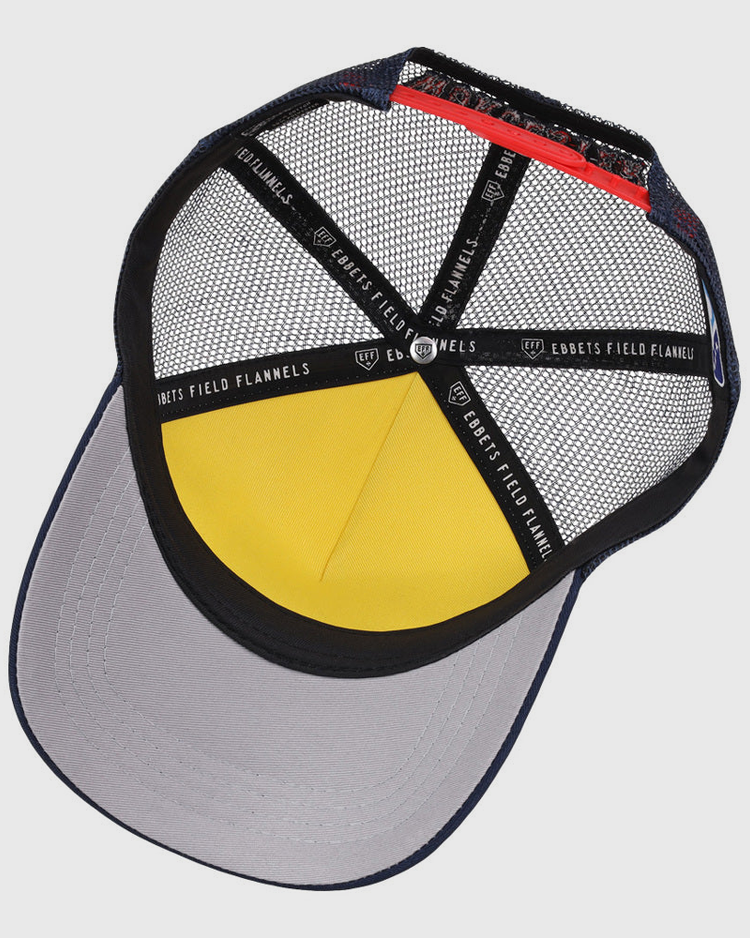The inside of the Worcester Red Sox MiLB Trucker Ballcap by Ebbets Field shows a gray brim, yellow front panel, black mesh sides, and black internal bands labeled EBBETS FIELD FLANNELS.