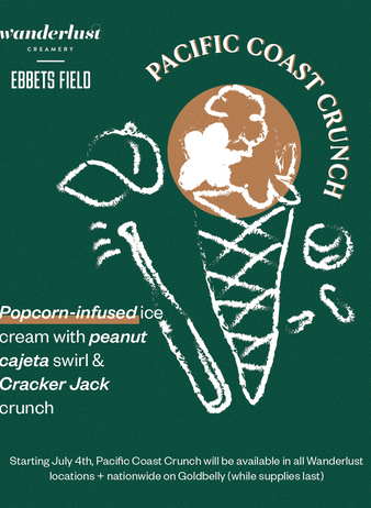 Promotional graphic for Wanderlust Creamery’s “Pacific Coast Crunch” featuring a sketched ice cream cone and popcorn. Text highlights popcorn-infused ice cream with peanut cajeta swirl and Cracker Jack crunch, available starting July 4th.