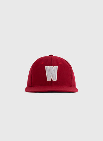 The EFF Washington State University 1956 Authentic Wool Ballcap features a large white W on red wool, echoing the classic WSU baseball hat, and is shown against a plain light gray background.