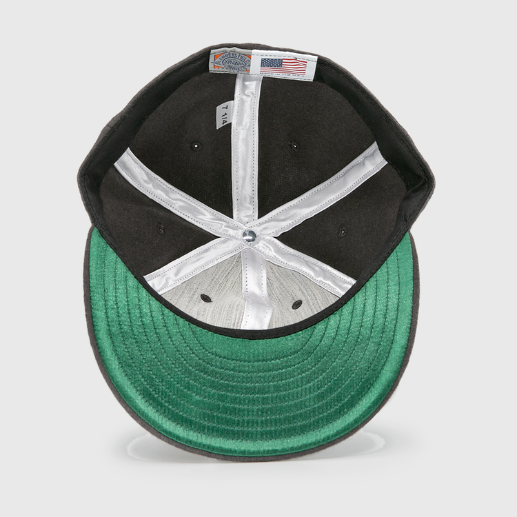 The image shows the underside of the EFF Young Democrats 1972 Vintage Inspired Ballcap, featuring a green brim, silver inner lining, visible stitching, and a small American flag tag sewn inside this genuine wool cap.