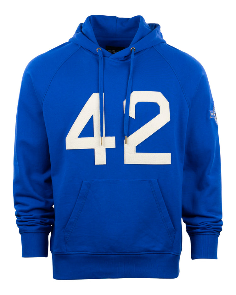 Celebrate a baseball legend in the EFF Jackie Robinson French Terry Script Hooded Sweatshirt—royal blue, soft fabric, front pocket, drawstrings, and bold white 42—perfect for the 75th anniversary.