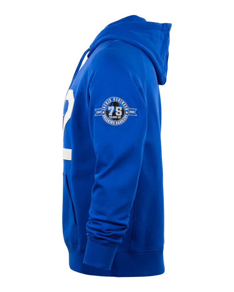 Side view of the EFF Jackie Robinson French Terry Script Hooded Sweatshirt in royal blue, featuring a white front graphic, 75 round patch on the upper sleeve for the 75th anniversary, front pocket, and ribbed cuffs.