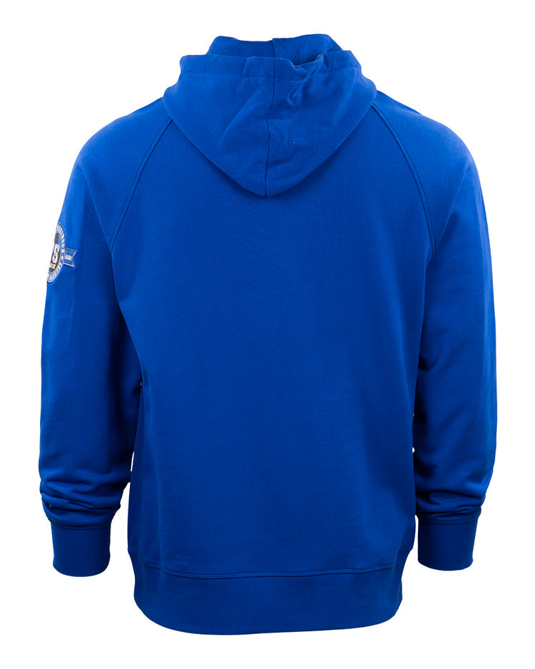 The EFF Jackie Robinson French Terry Script Hooded Sweatshirt in royal blue is shown from the back, featuring long sleeves, ribbed cuffs and hem, a 75th anniversary patch on the upper left sleeve, and a flat hood.