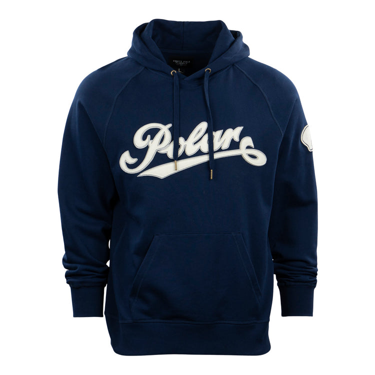 The EFF Cerveceria Polar French Terry Script Hooded Sweatshirt is a navy blue hoodie with a front pocket, white Polar script on the chest, drawstring hood, and a small white patch on the left sleeve.