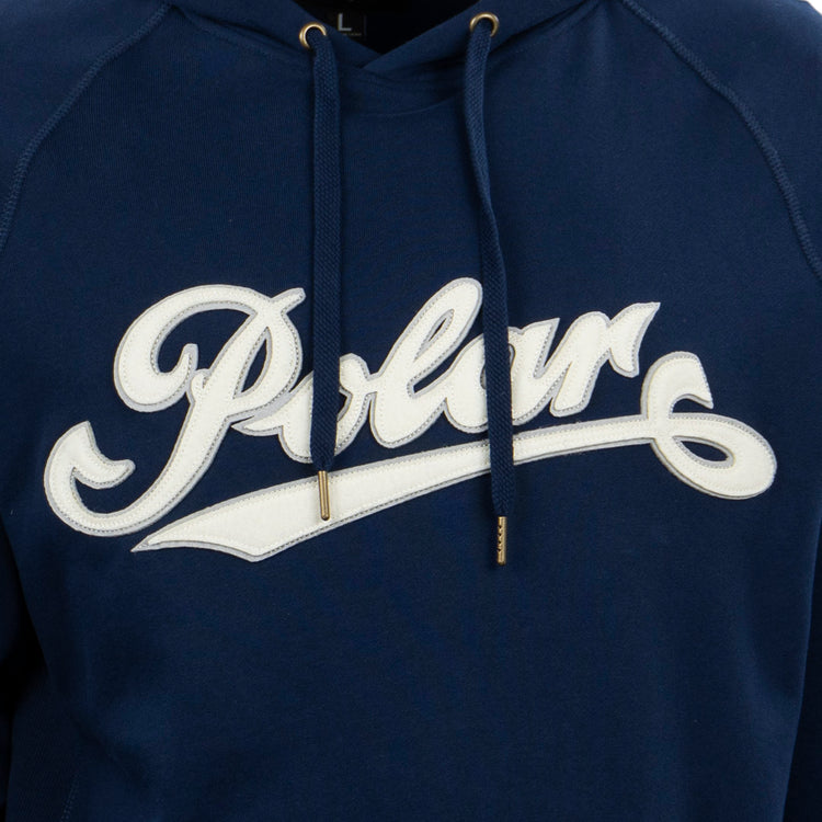The EFF Cerveceria Polar French Terry Script Hooded Sweatshirt is a navy blue hoodie with Polar in bold white script across the chest, featuring metal-tipped drawstrings—a stylish choice for fans of classic beer or streetwear.
