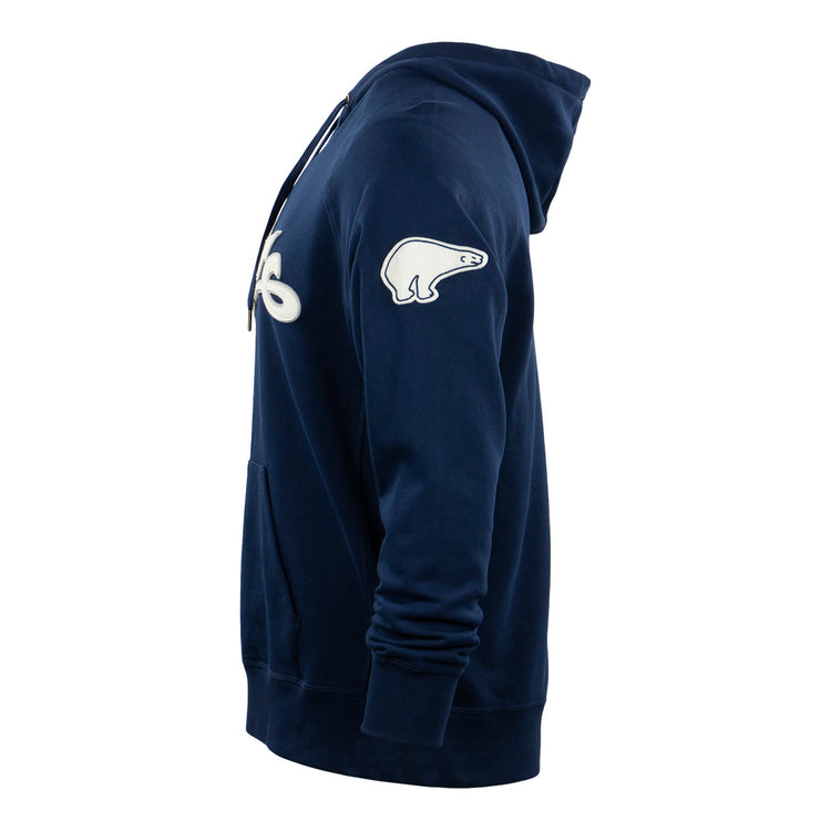 The Cerveceria Polar French Terry Script Hooded Sweatshirt by EFF is a navy blue hoodie with a white chest logo, front pocket, drawstrings, and a Polar beer-inspired white polar bear patch on the upper arm.