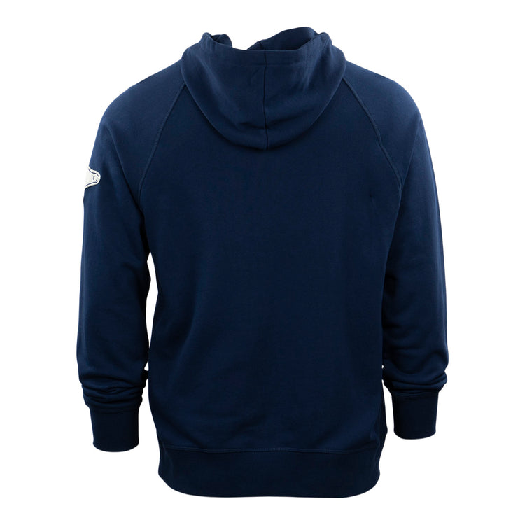 The EFF Cerveceria Polar French Terry Script Hooded Sweatshirt is navy blue, shown from the back, with long sleeves, ribbed cuffs, and a Cuban League-inspired patch on the upper left sleeve. Displayed on a plain white background.