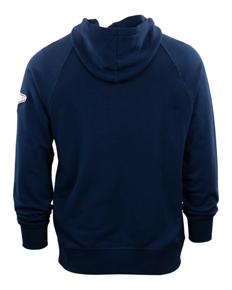 The EFF Cerveceria Polar French Terry Script Hooded Sweatshirt is navy blue, shown from the back, with long sleeves, ribbed cuffs, and a Cuban League-inspired patch on the upper left sleeve. Displayed on a plain white background.