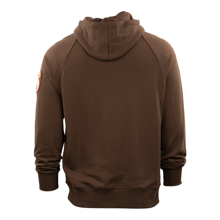 The EFF San Antonio Missions French Terry Script Hooded Sweatshirt is shown from the back, featuring long sleeves, ribbed cuffs, and a small orange logo—perfect for fans of Texas League or San Antonio baseball style.