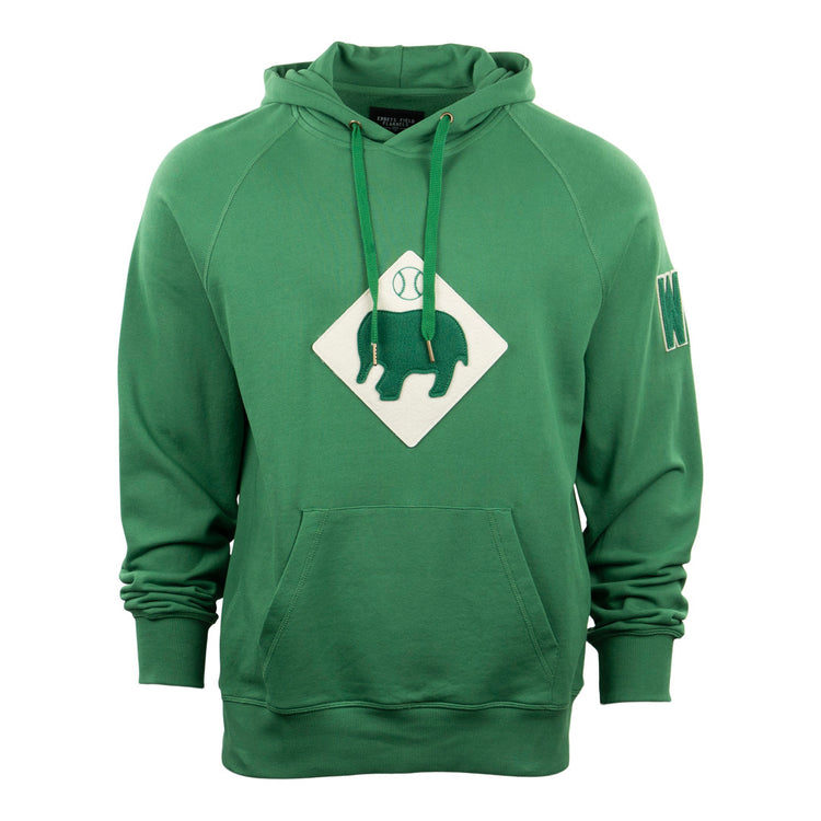 The EFF Denver White Elephants French Terry Script Hooded Sweatshirt is green with a front pocket, features a white diamond patch with a green sheep and baseball club design on the chest, and has a green W patch on the left sleeve.
