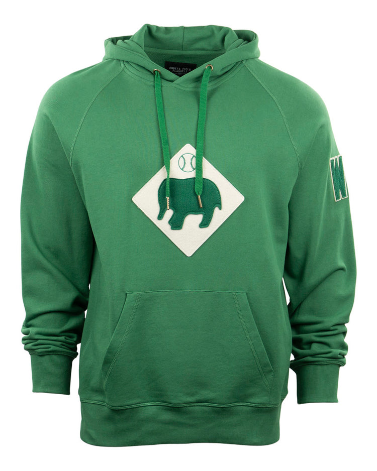 The EFF Denver White Elephants French Terry Script Hooded Sweatshirt is green with a front pocket, features a white diamond patch with a green sheep and baseball club design on the chest, and has a green W patch on the left sleeve.