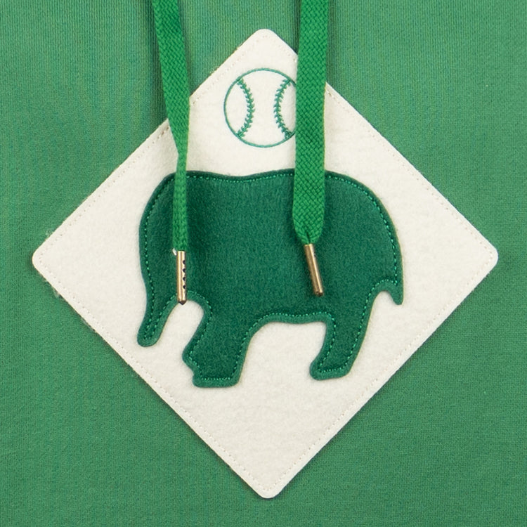 The Denver White Elephants French Terry Script Hooded Sweatshirt by EFF features a green felt elephant on a white diamond patch with a green baseball, set against green fabric and finished with metal-tipped drawstrings—a nod to classic baseball clubs.