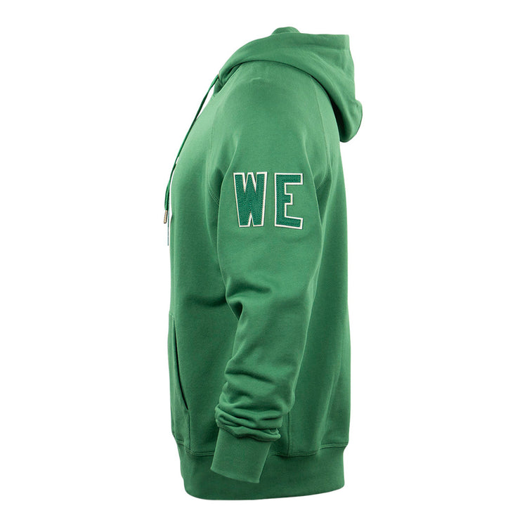 The EFF Denver White Elephants French Terry Script Hooded Sweatshirt features a green design with WE in bold white letters outlined in black on the upper sleeve, inspired by classic baseball teams.