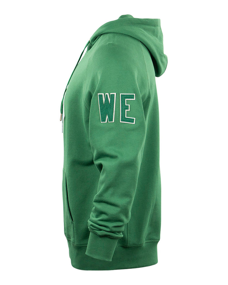 The EFF Denver White Elephants French Terry Script Hooded Sweatshirt features a green design with WE in bold white letters outlined in black on the upper sleeve, inspired by classic baseball teams.
