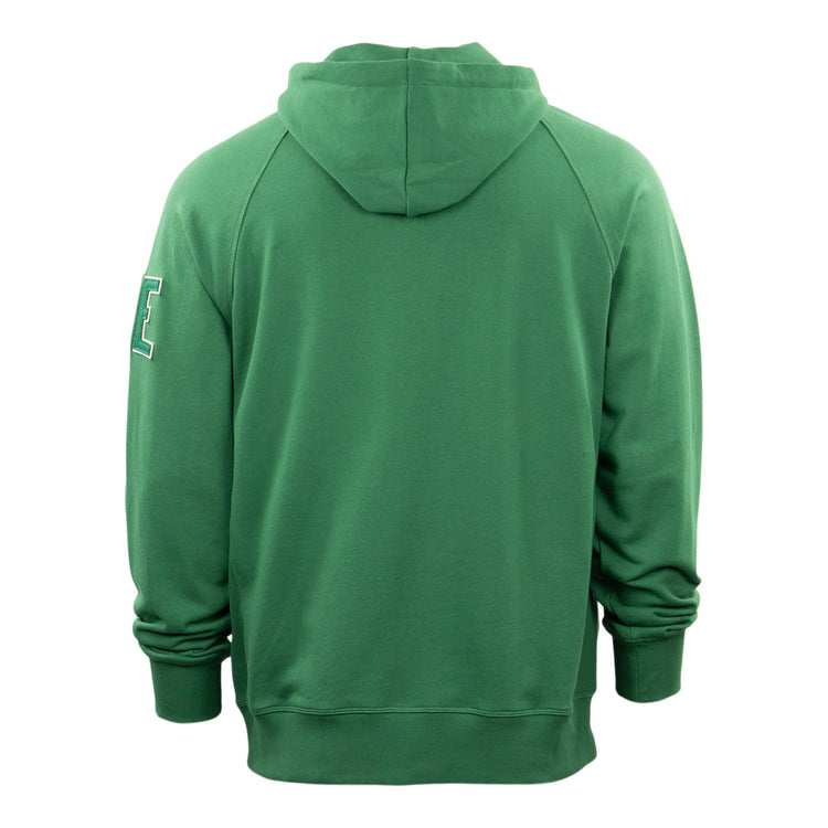 The Denver White Elephants French Terry Script Hooded Sweatshirt by EFF features a plain green design with long sleeves, hood, and a white outlined letter E on the upper left sleeve—a subtle tribute to classic baseball clubs.