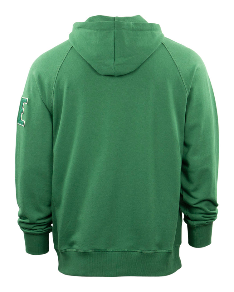 The Denver White Elephants French Terry Script Hooded Sweatshirt by EFF features a plain green design with long sleeves, hood, and a white outlined letter E on the upper left sleeve—a subtle tribute to classic baseball clubs.