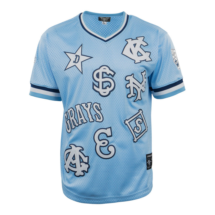 The EFF Negro League Allover Vintage Inspired NL Replica V-Neck Mesh Jersey in light blue features dark blue and white trim, plus various team logos, stars, letters, and GRAYS patches on the front.