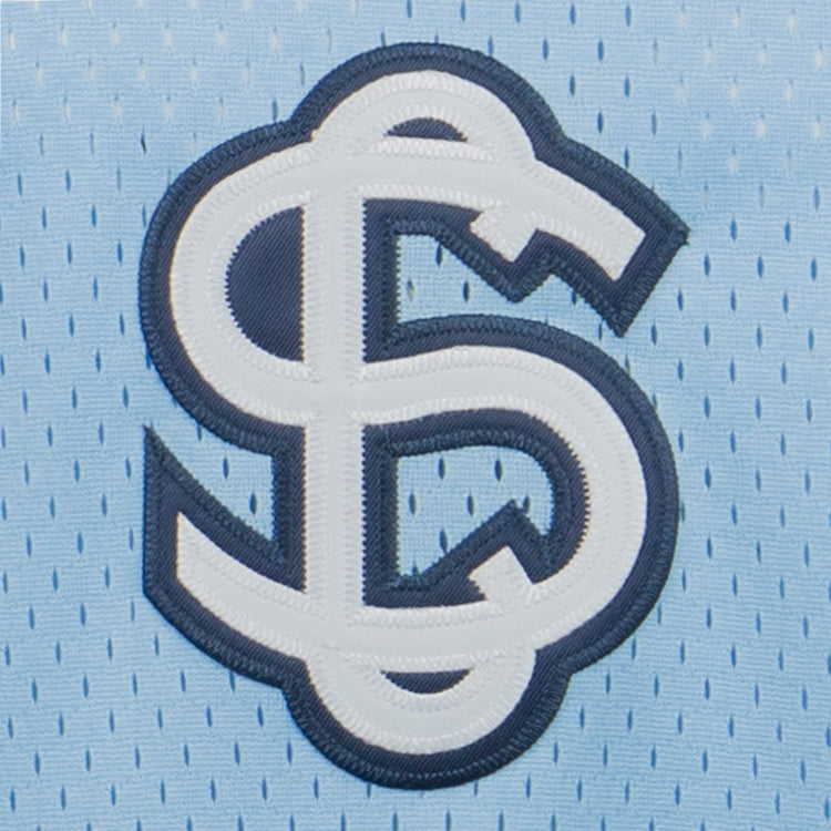 The EFF Negro League Allover Vintage Inspired NL Replica V-Neck Mesh Jersey in light blue features an embroidered white and navy interlocking S and L logo, evoking the style of classic Negro Leagues Baseball jerseys.
