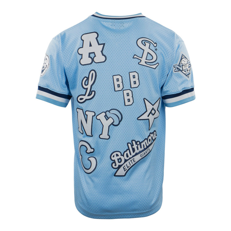 The EFF Negro League Allover Vintage Inspired NL Replica V-Neck Mesh Jersey in light blue features oversized white and navy team initials and logos, including A, NY, SD, and Baltimore Elite Giants, scattered across the back.