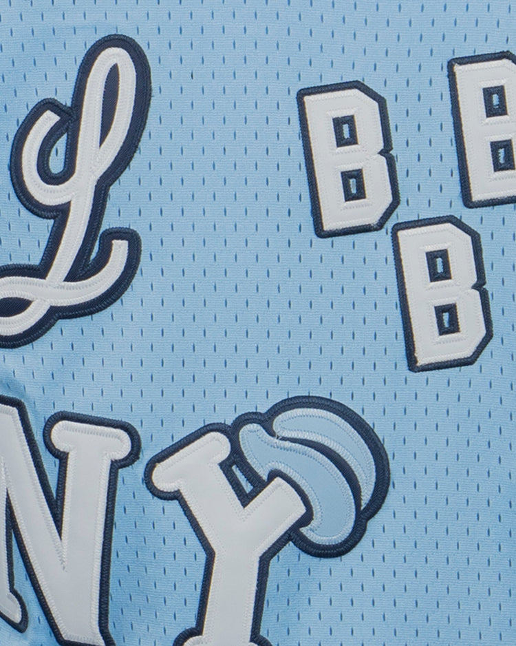 A close-up of the EFF Negro League Allover Vintage Inspired NL Replica V-Neck Mesh Jersey in light blue shows white and navy embroidered L, NY, and multiple B letters on breathable mesh.