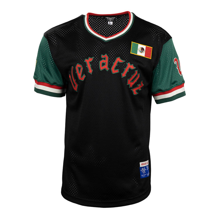 The EFF Veracruz Azules Vintage Inspired Replica V-Neck Mesh Jersey features black mesh, green sleeves, “Veracruz” in red and green across the chest, a Mexican flag patch, and red-white-green trim—perfect for Mexican League fans.
