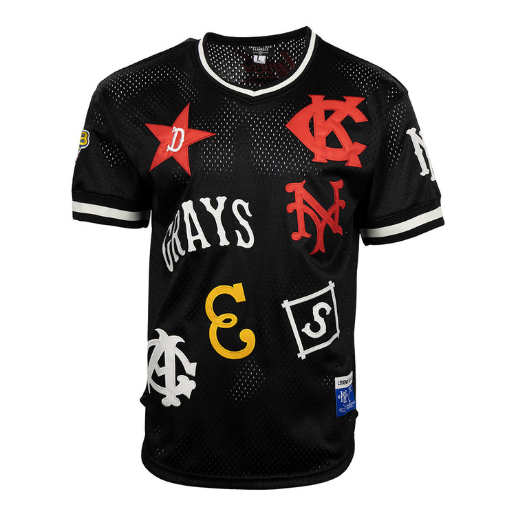 The EFF Negro League Allover Vintage Inspired NL Replica V-Neck Mesh Jersey in black features colorful vintage baseball team logos, including Negro League designs, with red, white, and yellow lettering plus white trim.