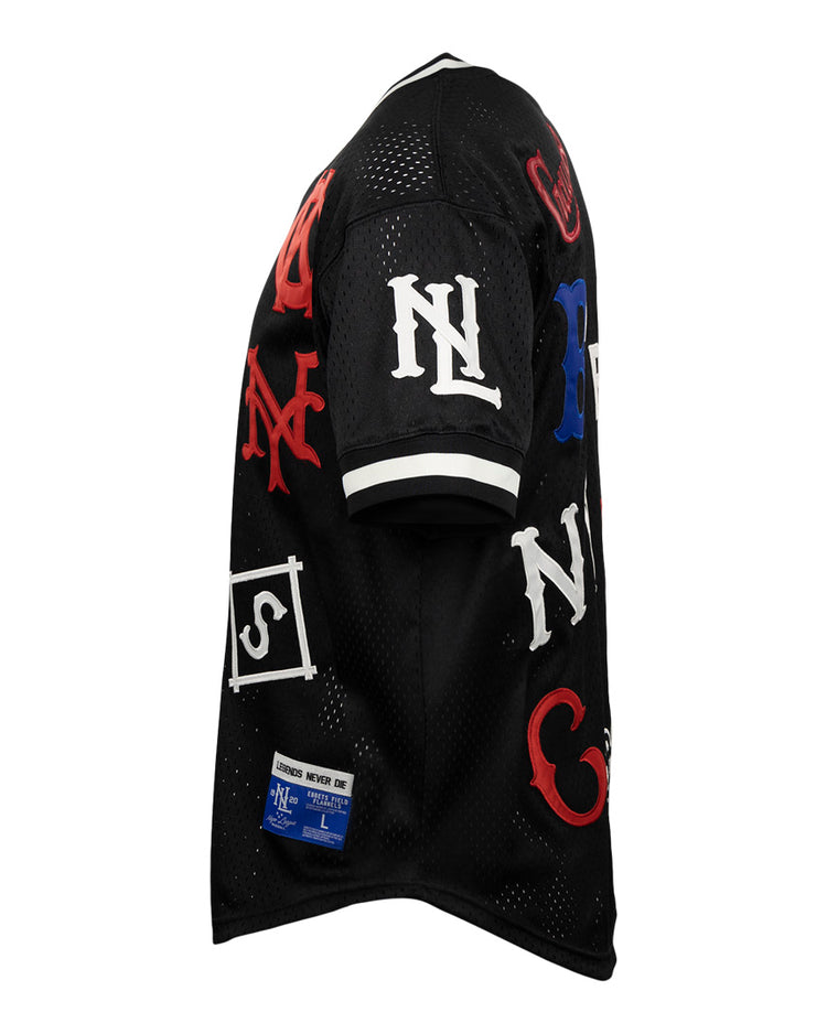 The EFF Negro League Allover Vintage Inspired NL Replica V-Neck Mesh Jersey in black features white trim and colorful embroidered logos on the sleeves and front, photographed from the side against a white background.