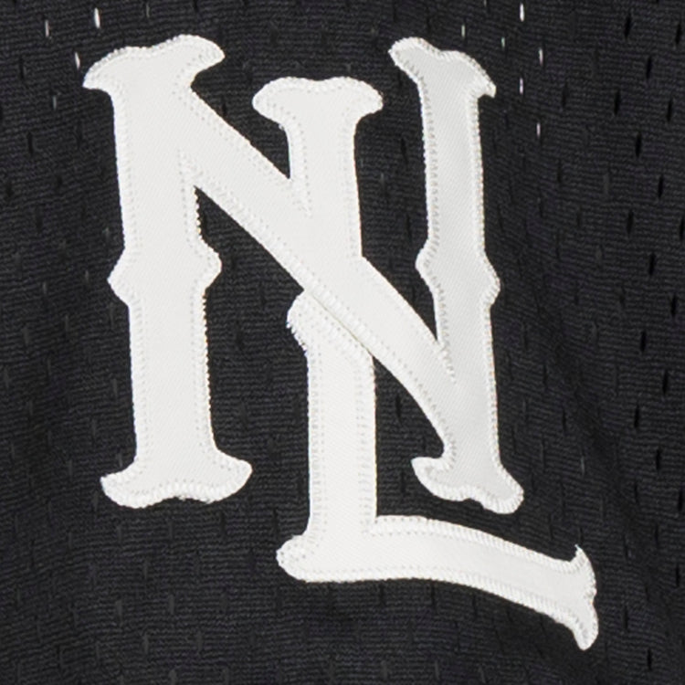 The EFF Negro League Allover Vintage Inspired NL Replica V-Neck Mesh Jersey in black features a stitched white, overlapping N and L logo, echoing classic Negro League Baseball style.