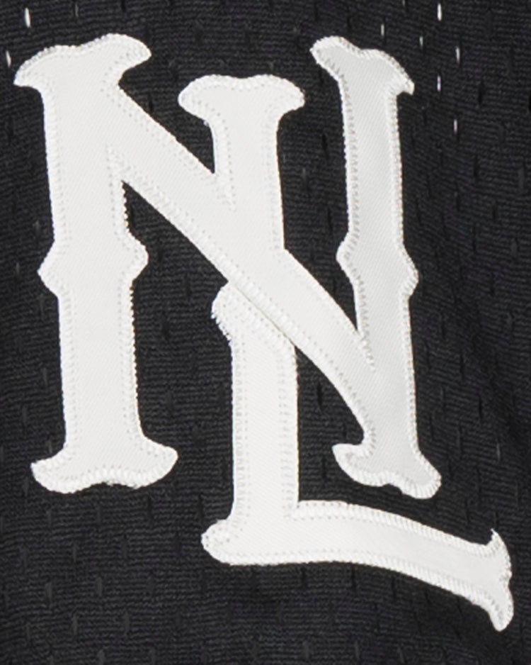 The EFF Negro League Allover Vintage Inspired NL Replica V-Neck Mesh Jersey in black features a stitched white, overlapping N and L logo, echoing classic Negro League Baseball style.
