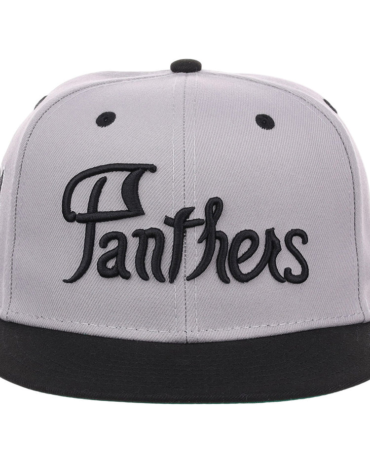 The EFF Montreal Black Panthers NLB Flip Fitted Ballcap in gray features bold black Panthers embroidery on the front, blending vintage style with modern design.