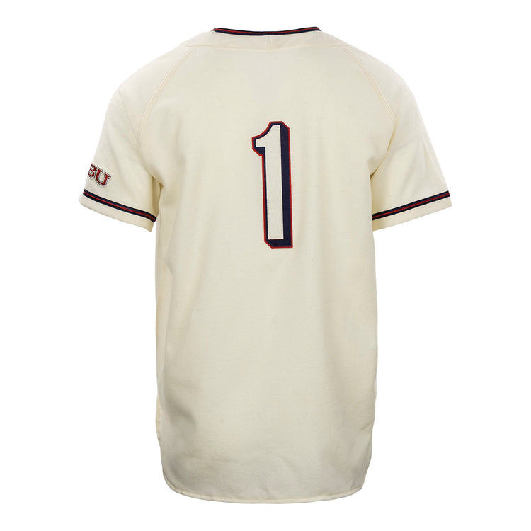 The EFF Dallas Baptist University Home Jersey is cream-colored with dark piping on the sleeves and collar, features a bold number 1 on the back, and has SBU lettering on the left sleeve.