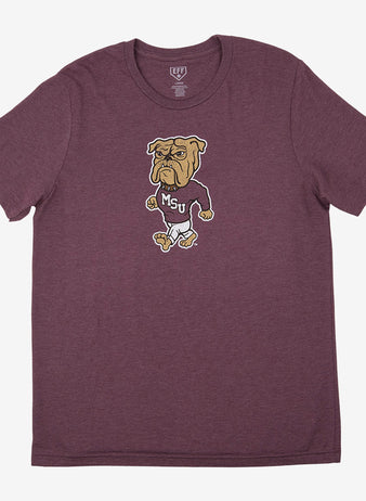 The EFF Mississippi State University T-Shirt is a maroon unisex heathered tee with a cartoon bulldog in an MSU sweater centered on the chest, shown laid flat on a white background.