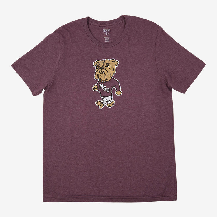 The EFF Mississippi State University T-Shirt is a maroon unisex heathered tee with a cartoon bulldog in an MSU sweater centered on the chest, shown laid flat on a white background.