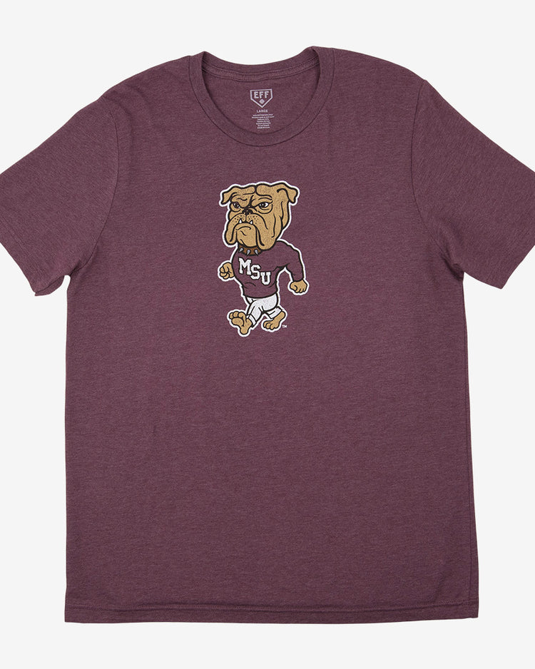 The EFF Mississippi State University T-Shirt is a maroon unisex heathered tee with a cartoon bulldog in an MSU sweater centered on the chest, shown laid flat on a white background.