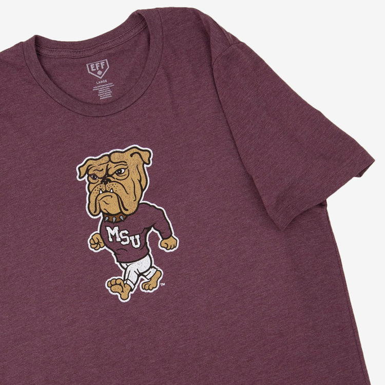 The EFF Mississippi State University T-Shirt features a maroon heathered design with a cartoon bulldog mascot in an MSU sweater and is an officially licensed unisex college shirt perfect for fans.