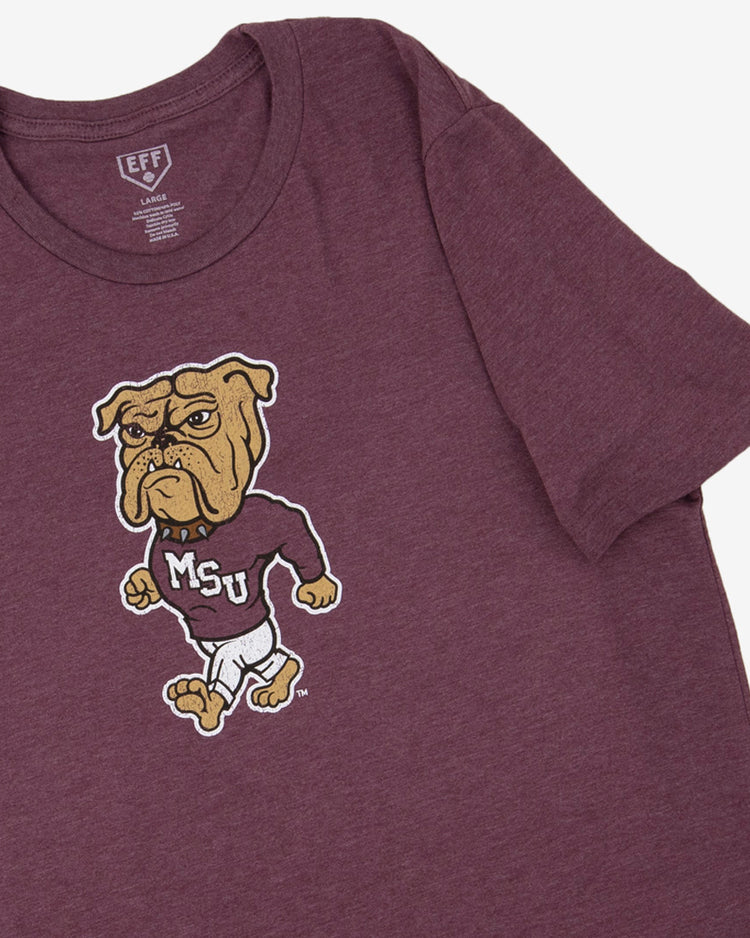 The EFF Mississippi State University T-Shirt features a maroon heathered design with a cartoon bulldog mascot in an MSU sweater and is an officially licensed unisex college shirt perfect for fans.