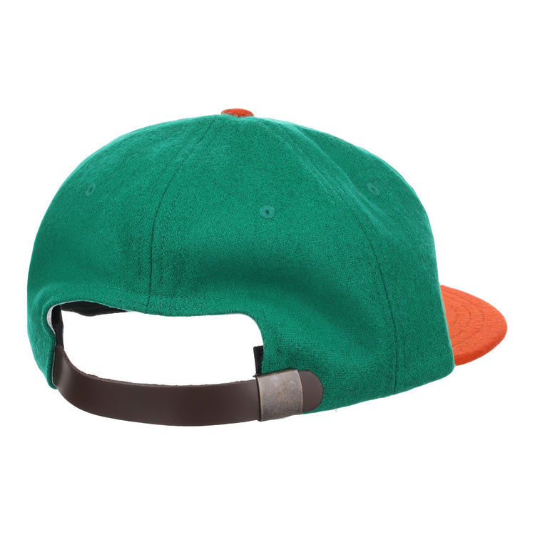 The EFF Florida A&M University 1969 Vintage Ballcap is a green hat with an orange brim, shown from the back, and features a brown adjustable strap with metal clasp.