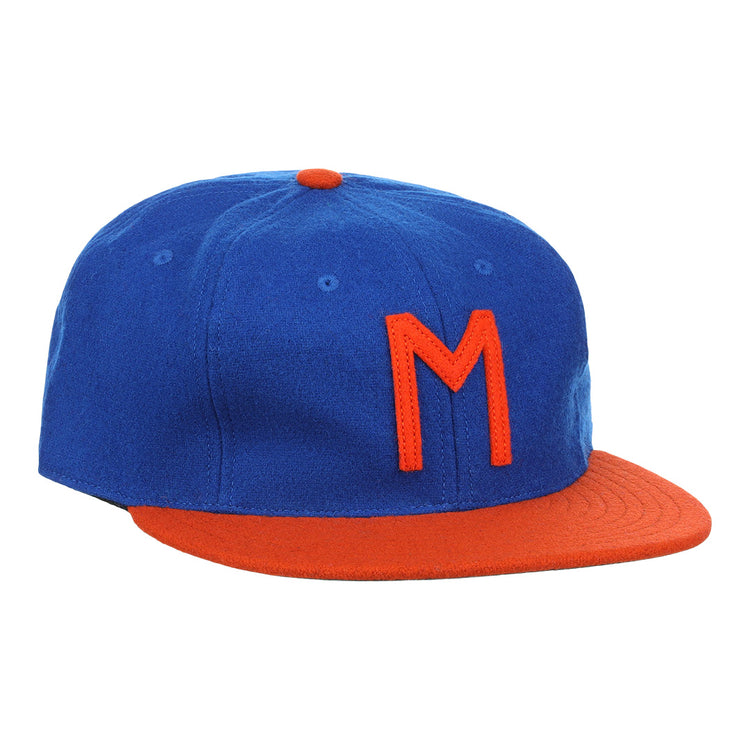 The EFF Morgan State University 1975 Vintage Ballcap features a blue crown, orange brim, and orange M on the front—crafted from genuine wool, its ideal for fans of classic style.