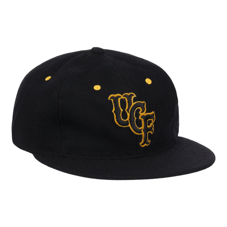The EFF University of Central Florida Vintage Ballcap is a genuine wool hat with yellow embroidered UCF letters on the front and yellow eyelets, offering a classic UCF look.