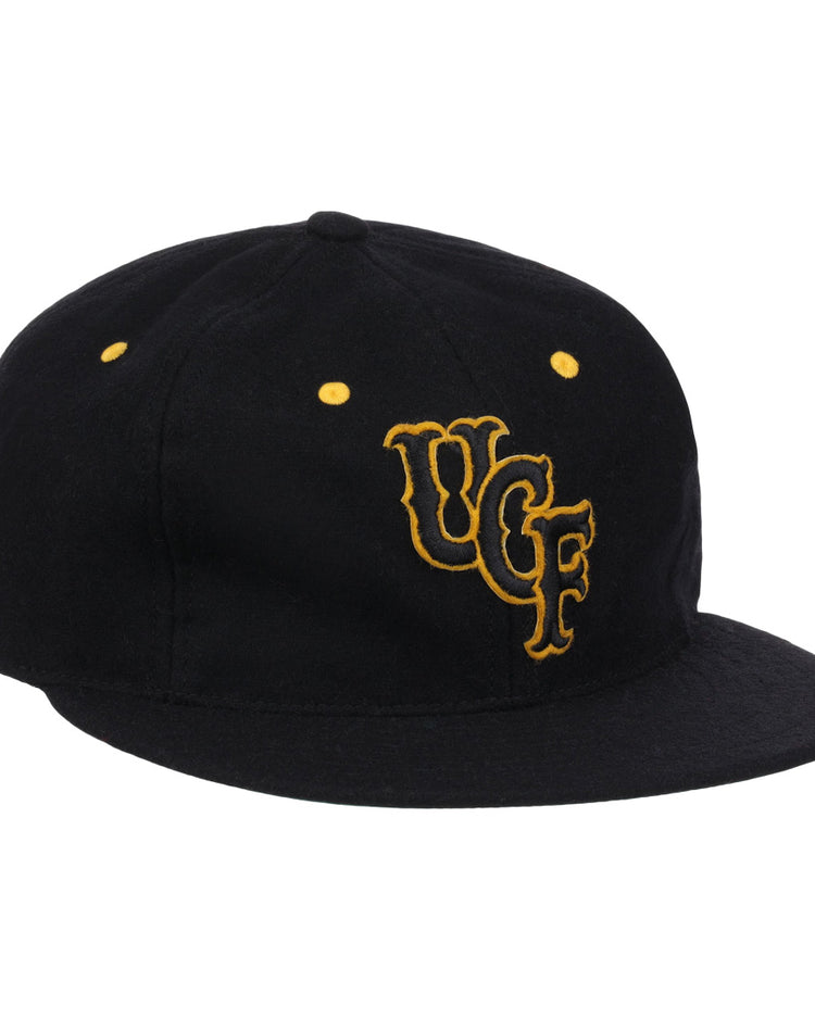 The EFF University of Central Florida Vintage Ballcap is a genuine wool hat with yellow embroidered UCF letters on the front and yellow eyelets, offering a classic UCF look.