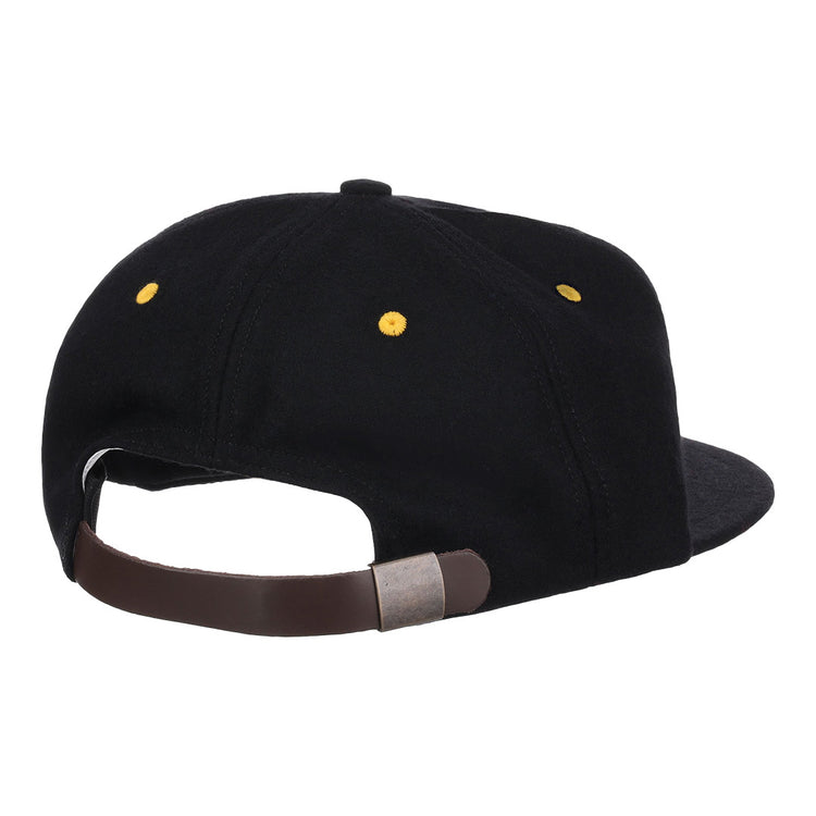The EFF University of Central Florida Vintage Ballcap is shown from the back, highlighting its brown adjustable strap with a metal clasp and yellow ventilation eyelets.