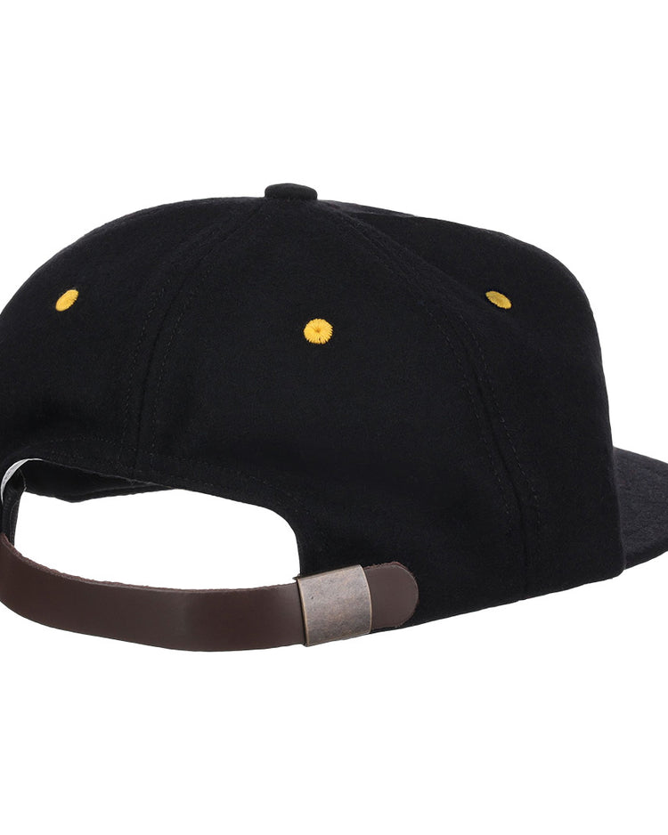 The EFF University of Central Florida Vintage Ballcap is shown from the back, highlighting its brown adjustable strap with a metal clasp and yellow ventilation eyelets.