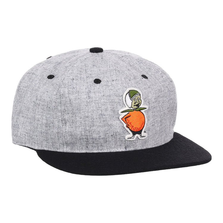 The EFF University of Central Florida Mascot Vintage Ballcap is a gray and black flat-brimmed cap featuring the embroidered Citronaut—UCF’s mascot with an orange body, white limbs, and green hat—officially licensed.