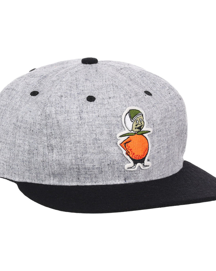 The EFF University of Central Florida Mascot Vintage Ballcap is a gray and black flat-brimmed cap featuring the embroidered Citronaut—UCF’s mascot with an orange body, white limbs, and green hat—officially licensed.
