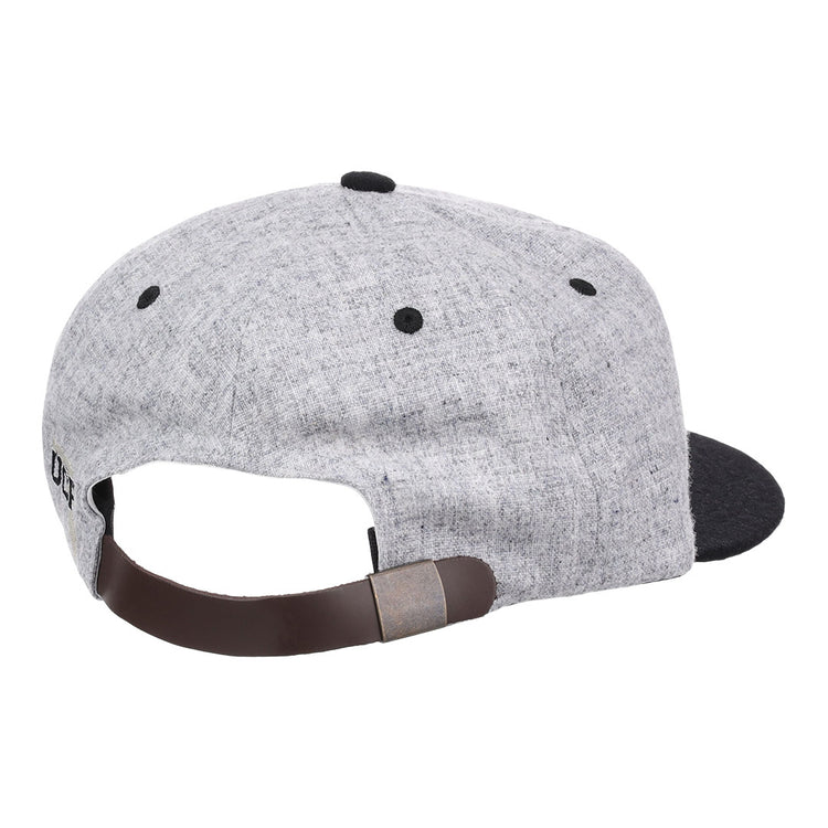 The EFF University of Central Florida Mascot Vintage Ballcap is gray with a black brim and eyelets, plus an adjustable brown leather strap. The cap is shown from the back.