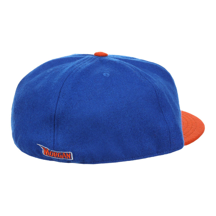 The EFF Morgan State University 1975 Vintage Ballcap is blue with an orange brim and button, features a small MORGAN logo embroidered on the back, and is shown rear view on a white background.