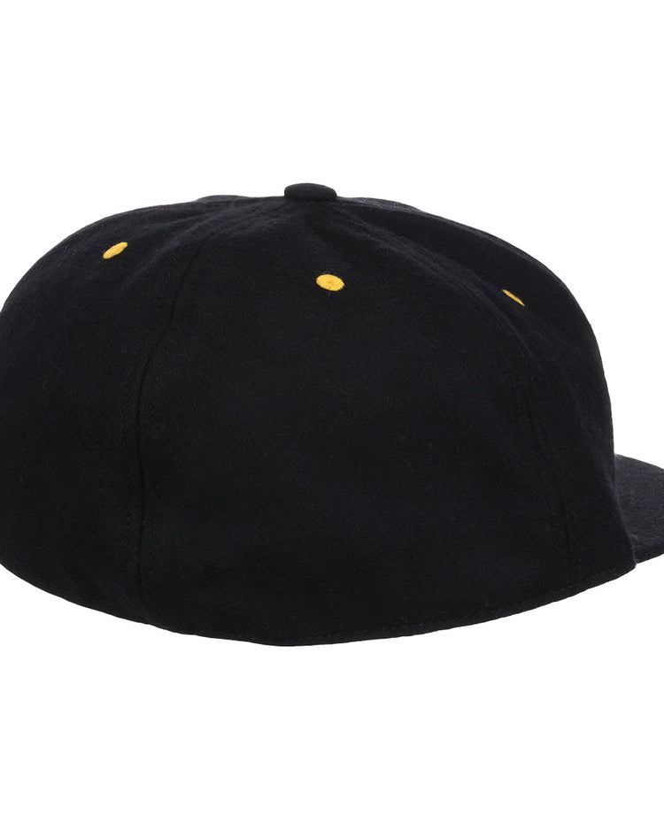 The EFF University of Central Florida Vintage Ballcap is a black genuine wool cap with a flat brim and small yellow ventilation holes, shown from the back.
