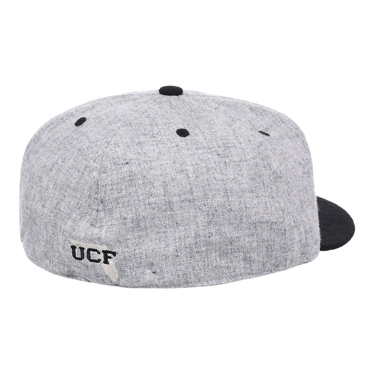 The EFF University of Central Florida Mascot Vintage Ballcap features gray heather fabric, a black brim, top button, and stitched eyelets, with UCF embroidered on the back. Officially licensed vintage college merchandise.