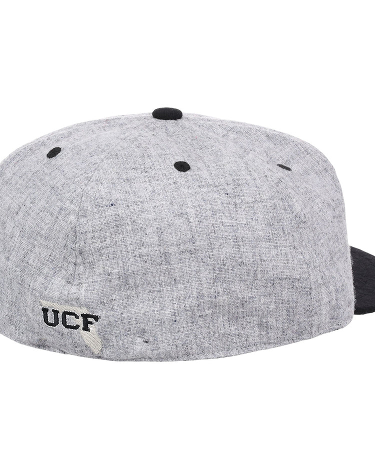 The EFF University of Central Florida Mascot Vintage Ballcap features gray heather fabric, a black brim, top button, and stitched eyelets, with UCF embroidered on the back. Officially licensed vintage college merchandise.